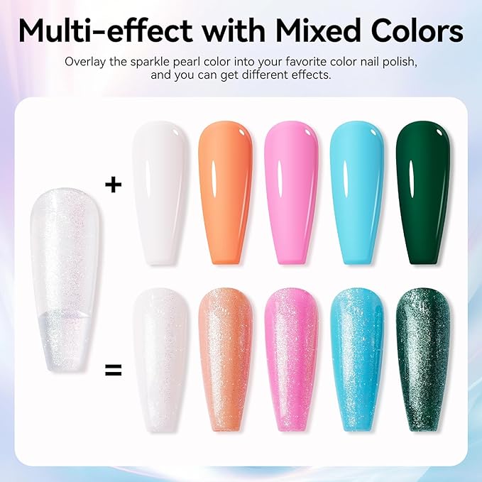 Glitter Nail Polish Sparkle Pearl, Chrome Quick Dry Nail Polish Non Gel, Rich in Castor Oil, Natural Lustrous Nail Art DIY Home Travel Long Lasting Shine DIY Manicure Gift for Women Girl