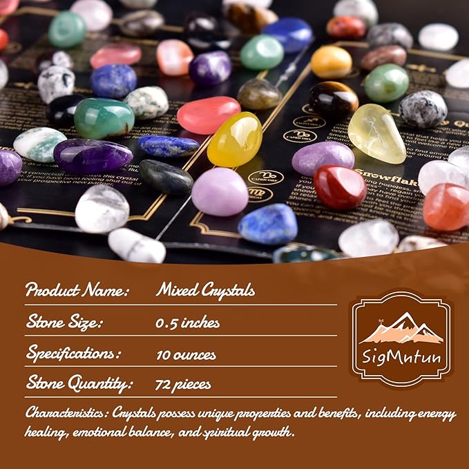 Polished Multicolor Healing Crystal Stone Set, 72 Pcs, 0.5" Handpicked Tumbled Stones for Healing, Reiki, Meditation, Crafting, Home Decor, Ethically Sourced, Multicolor