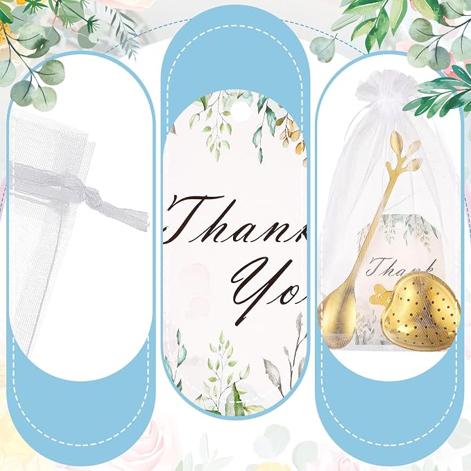25 Sets Bridal Shower Tea Party Favor for Guest Leaf Tea Spoon Heart Shape Infuser Ball for Loose with Thank You Card Organza Bag Wedding Souvenir Gift(Gold)