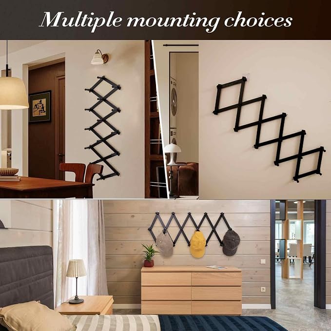 SCUNDA Accordion Wall Hanger with 16 Hooks, Wooden Wall Expandable Coat Rack for Coat, Hats, Baseball Caps, Coffee Mug, Jewelry(Black)