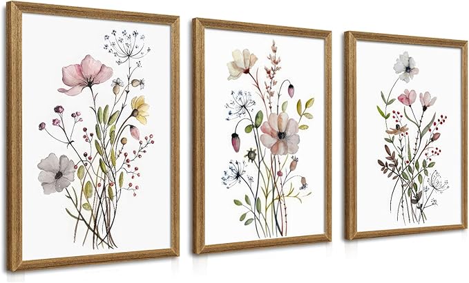 WRFON Framed Botanical Canvas Wall Art Set of 3, Watercolor Floral Prints, Framed Flower Wall Decor for Bedroom Bathroom Living Room, 16x24 Inch Each