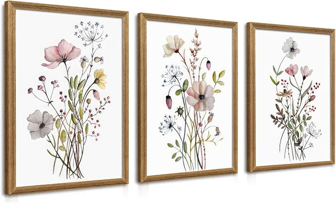 WRFON Framed Botanical Canvas Wall Art Set of 3, Watercolor Floral Prints, Framed Flower Wall Decor for Bedroom Bathroom Living Room, 12x16 Inch Each