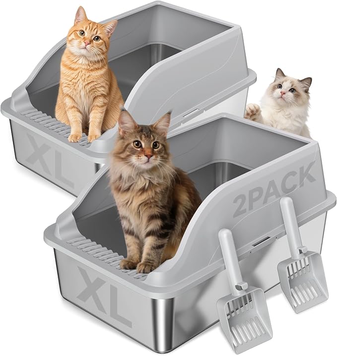 2PACK Stainless Steel Litter Box, XL Odor Free, Light Grey