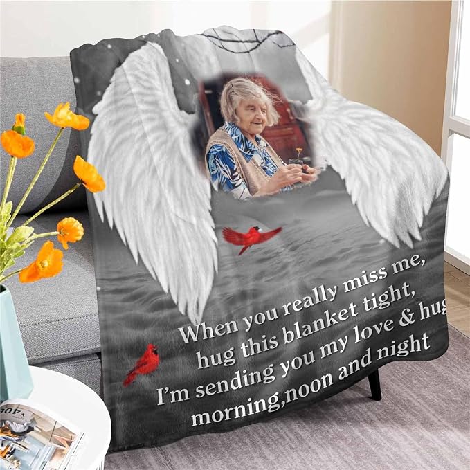 Custom Memorial Blanket with Photos for Loss of Loved One, in Loving Memory Personalized Sympathy Blanket for Loss of Dad Mom Husband Wife Friend Memory of Loved One Gifts, Made in USA