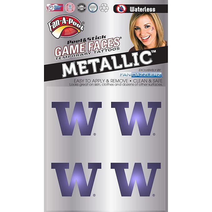 Fan-A-Peel Washington Waterless Temporary Tattoos - Hypoallergenic Peel and Stick Waterproof Temporary Tattoos, Metallic