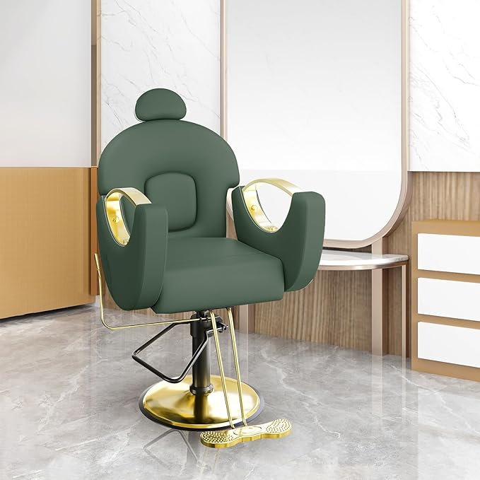 Barber Salon Chair, Reclining Salon Chair with Heavy Duty Hydraulic Pump, 360° Swivel and Height Adjustable, 330 LBS Capacity Spa Beauty Equipment Hairdresser Armchair for Barbershop- Green & Gold