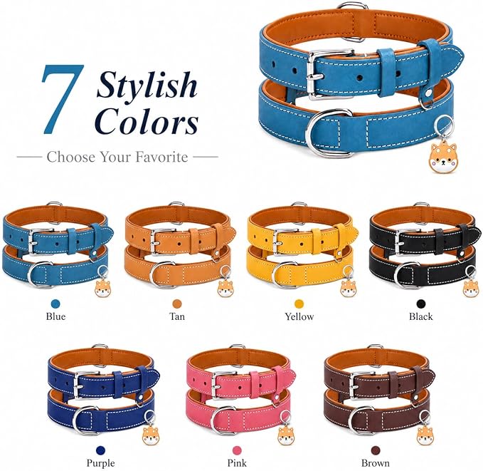 Genuine Leather Dog Collar, Soft Padded Leather Dog Collars with Airtag Holder Case for Small Medium Large X-Large Dogs,Comfort Heavy Duty Pet Collar with Durable Metal Buckle & D-Ring-Sky Blue/L