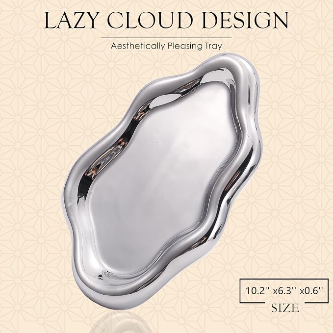 CCINPPY Ceramic Cloud Jewelry Tray Trinket Dish Key Bowl Nightstand Decor | Decorative Small Desk Tray Jewelry Plate Key Holder Bowl Cute Bedroom Room Decor Aesthetic, Gift for Women, Silver Large