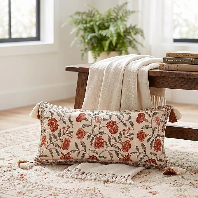 French Elegant Linen Rectangle Throw Pillow Cover,28"x12"-Albano A | Designer Vintage Pillow Cover,Concealed Zipper Design,Orange Floral Pattern,Sofa,Bedroom,Living Room,Lounge Chairs