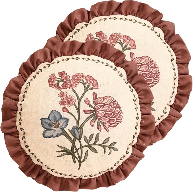Designer Linen Throw Pillow Cover,Set of 2,Diameter 16"-Helena D | Vintage Elegant Round Decor Pillow Cover,Concealed Zipper Design,Floral Pattern,Sofas,Bedroom,Living Room,Lounge Chairs