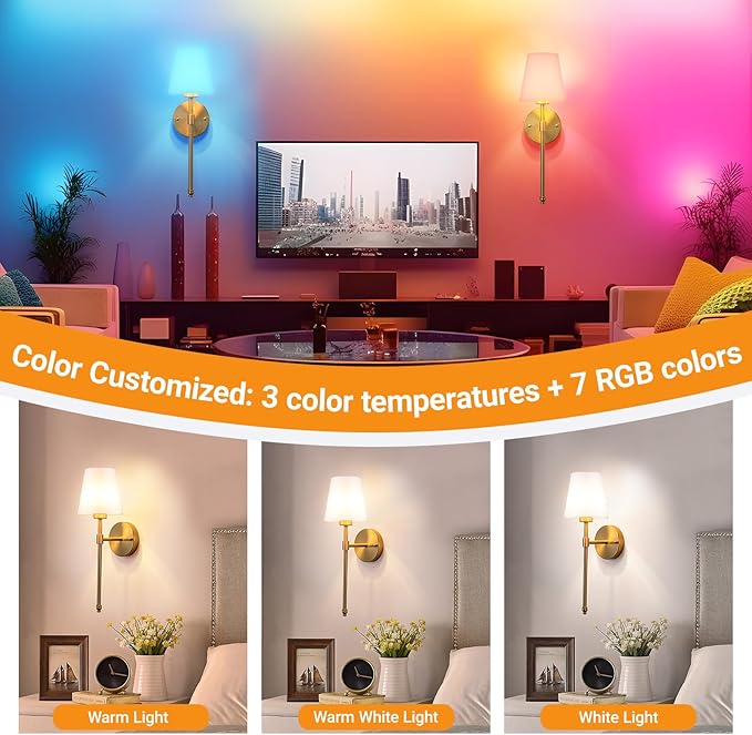 Battery Operated Wall Sconces Set Of 2, Wireless Battery Wall Light With 10000mAh RGB Rechargeable Magnetic Bulb, Rechargeable Wall Sconce With Remote Control For Bedroom, No Electrician Required