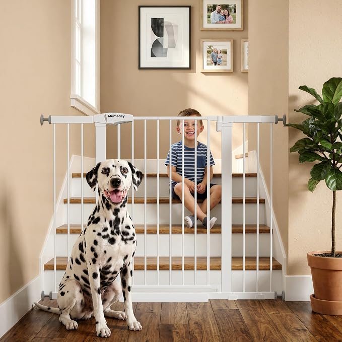 Mumeasy 29.7-48" Baby Gate for Stairs, Pressure Mounted Dog Gate for Doorways, Extra Wide Walk Thru Safety Pet Gate for Doors with Auto Close, Easy Install Child Gate for Hallway Indoor House, White