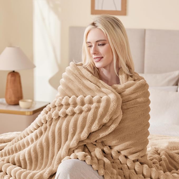 EXQ Home Fleece Throw Blanket for Couch or Bed - 3D Stripe Jacquard Decorative Blankets - Cozy Soft Lightweight Fuzzy Flannel Blanket Suitable for All Seasons(50"×60",Camel)