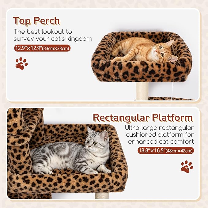 Globlazer Large Perch Leopard Cat Tree, 65in Sturdy Cat Scratching Tree for Indoor Cats Large Adult, Big Cat Tower with 3 Padded Perches, 6 Scratching Posts, Cat Condo, Hammock, S65, Leopard Print