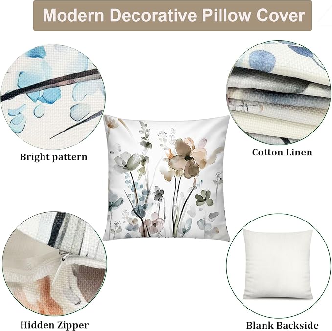 Watercolor Throw Pillow Covers 18x18 Set of 6, Botanical Floral Home Decor | Artistic floral, Standard Throw Pillow Size, Breathable Linen, Neutral flower, Couch Sofa Living Room, spring summer decor