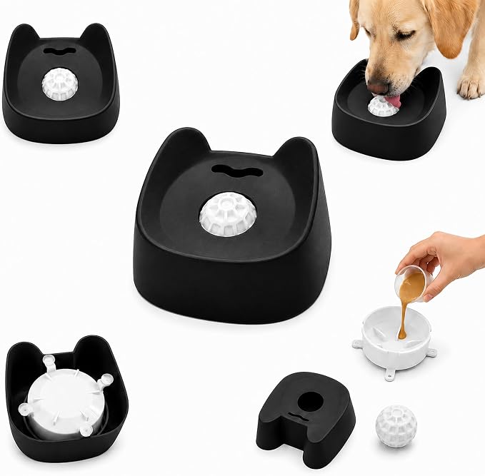 Slow Feeder Dog Lick Bowl with Rolling Ball and Suction Cups Black