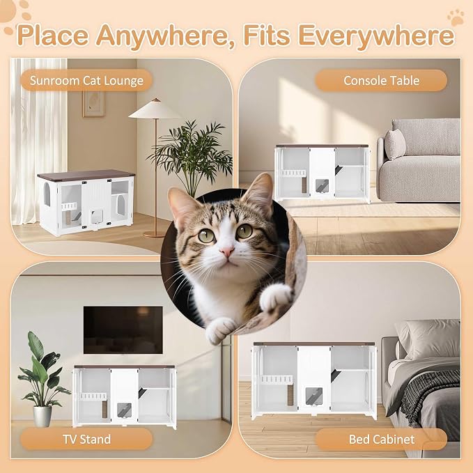 47.2" Cat Litter Box Furniture with LED, Hidden Litter Box Furniture with Storage, Enclosed Wood Cat House with Stairs & Smart Doors, Farmhouse, Suitable for Living Room Bedroom (47.2")
