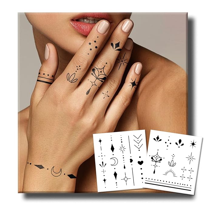 Semi Permanent Tattoos, 2 Weeks Realistic Tiny Minimalist Design Fingers Temporary Tattoos for Women Hand Wrist Ears, Henna Moon Heart Fake Tattoos, Waterproof and Non-Reflective, 2 Sheets