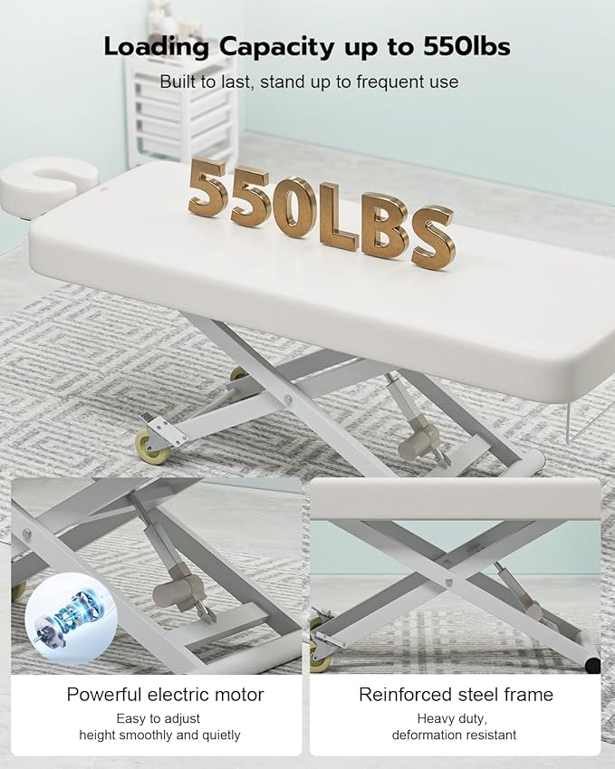 Paddie Flat Electric Lift Massage Table, Professional Spa Bed 6.7" Memory Foam with Adjustable Face Cradle and Rolling Wheels, White