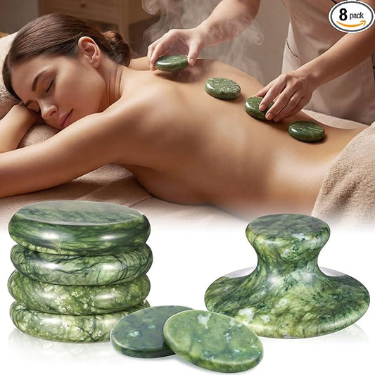 MTLEE 7 Pcs Hot Stones Massage Set Natural Green Jade Heated Warmer Stone, Round, Oval, Mushroom Shaped Hot Rocks, Body Gua Sha Massage Tool with Velvet Bag for Spa Relax, Relieve Tension (Full Body)