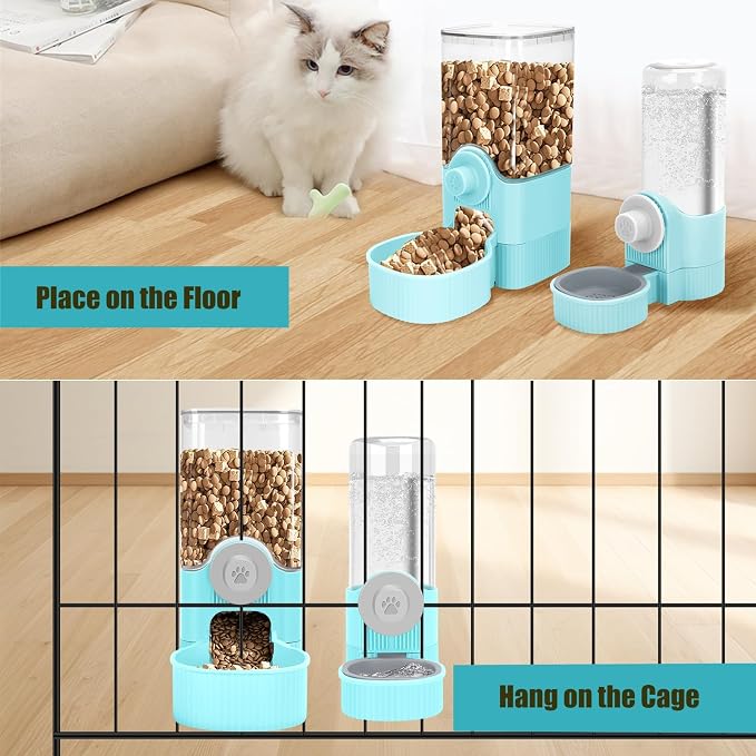 GPY Automatic Hanging Gravity Pet Feeder and Water Dispenser Set | Automatic Rabbit Bunny Feeder and Guinea Pig Water Bottle Water Dispenser for Dogs Cats Pets Animals Large Capacity (Blue)