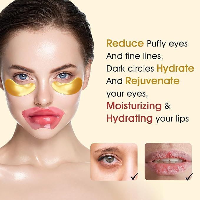 Adofect 40 PCS Under Eye Patches and Pink Lip Mask 24K Gold Eye Mask for Puffy Eyes Collagen Lip Masks and Crystal Eye Mask Reducing Fine Lines for Women and Men