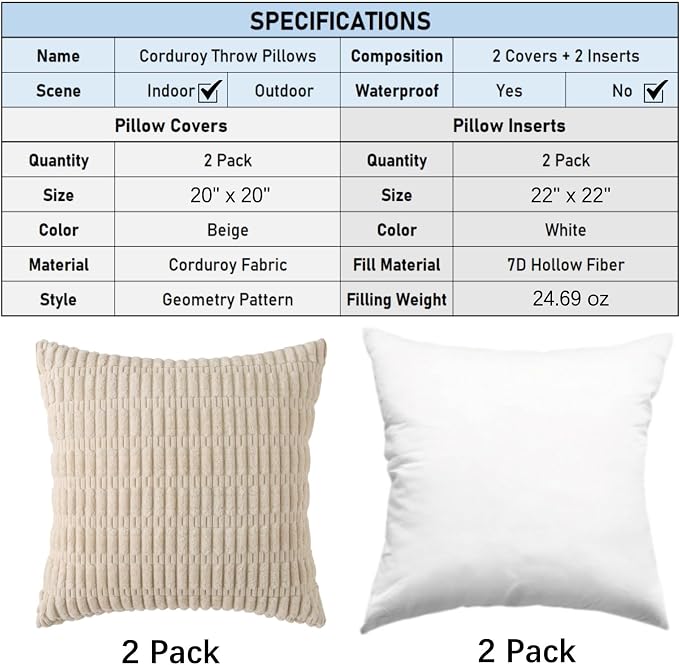 2 Pack Corduroy Decorative Throw Pillow with Inserts, 20x20 Inch Soft Boho Throw Pillow, Square Striped Throw Pillows for Couch, Bed, Sofa Decor (Beige)