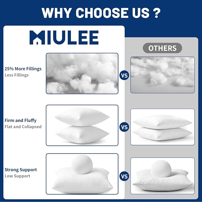 MIULEE 16x16 Pillow Inserts Set 2 100% Virgin Microfiber with Cotton Cover | Throw Pillows for Couch Sofa and Bed,filled with 380 g/0.84 lb (30% more than others) high-resilience virgin microfiber