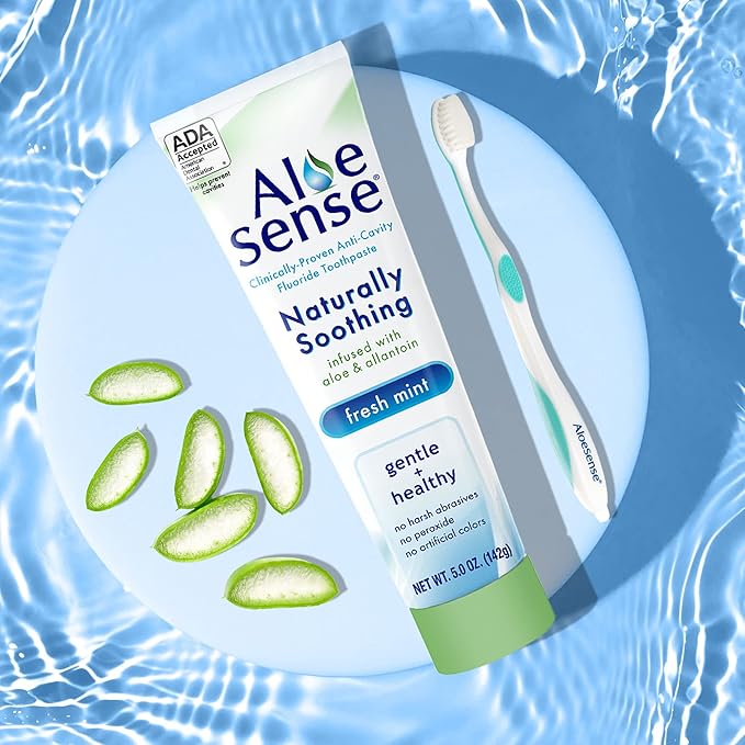 AloeSense Naturally Soothing Toothpaste for Sensitive Teeth and Gum Care with Aloe Vera, Allantoin & Fresh Mint Flavor, Gentle & Natural, ADA Approved (5-oz, 3 Count)