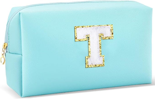 URSKYTOUS Gifts for Girls Initial Makeup Bag Personalized Cosmetic Bag with Zipper Cute Travel Toiletry Bag Waterproof PU Preppy Makeup Pouch Birthday Gift for Teen Girls Women(Blue T)