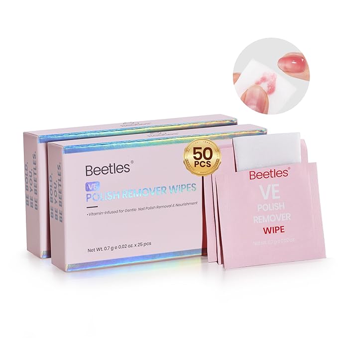 Beetles Acetone-Free Nail Polish Remover Pads - 50 Count Nail Scrubbers 2-in-1 Prep & Lacquer Remover Nail Polish Remover Wipes Travel-Friendly Fingernail Polish Remover with vitamin E