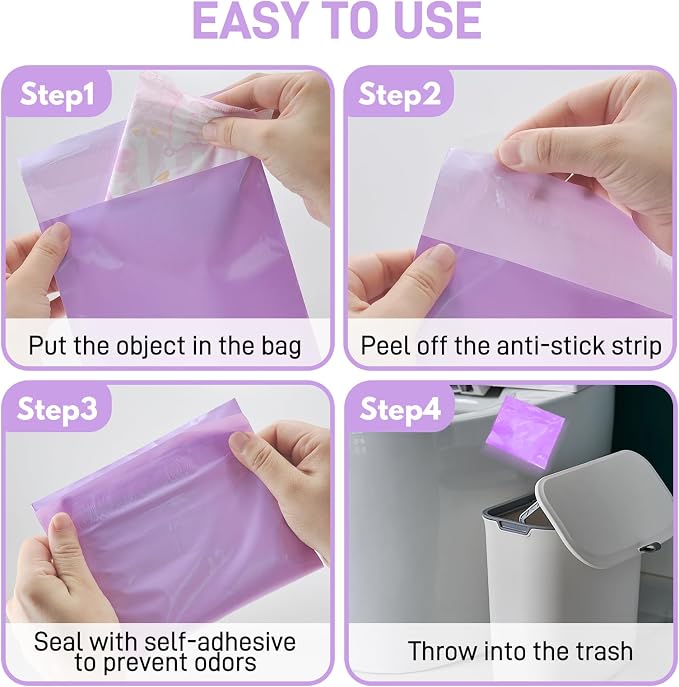 Sanitary Napkin Disposal Bags FARVIGOR, 100Pcs Women Feminine Hygiene Disposal Bags for Tampons and Pads, Personal Disposal Bag Self-Sealing, Privacy Protection, 9.8x5.9"(Purple)