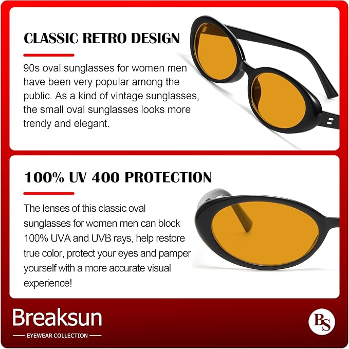 Breaksun Retro Oval Sunglasses for Women Men Fashion Small Oval Sunglasses 90s Vintage Shades