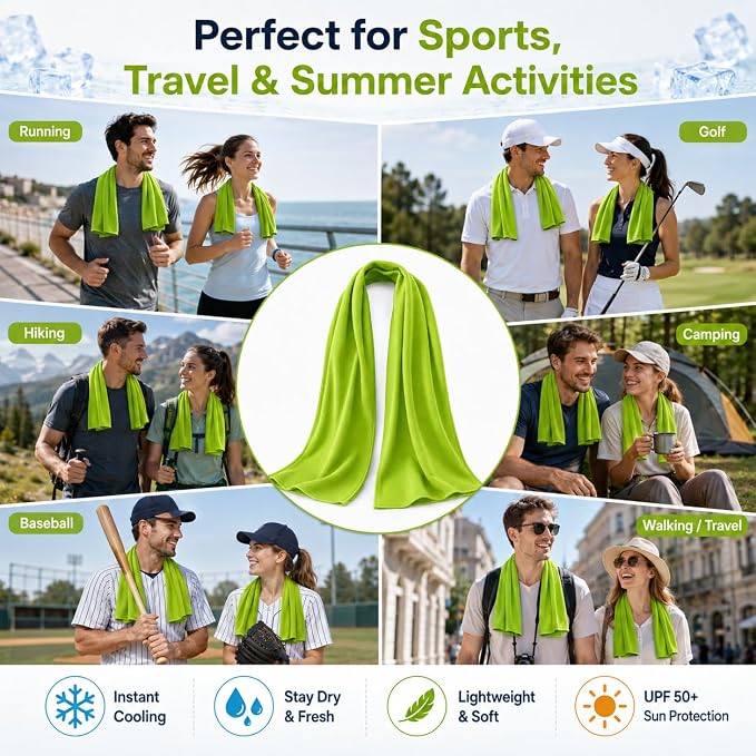 Cooling Towels 43.3" x 15.7" Lime Green - Ice Towel, Sweat Towel, Cooling Towels for Neck & Face & Cooling Neck Wraps for Summer Heat - Neck Cooler for Quick Cool Down for Gym, Running, Golf Sports