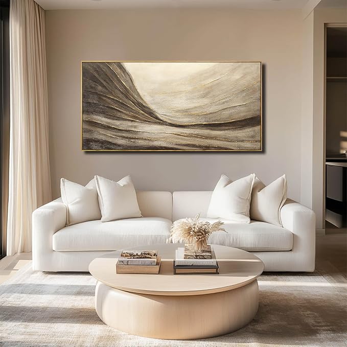Framed Brown Gold Abstract Wave Canvas Wall Art for Living Room 24x48 Inch