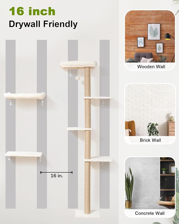 FUKUMARU Cat Wall Shelves Set, 70 inch Wall Mounted Tree, Beige | Kitten Scratching Post with Soft Cushion Perch, Space Saving Climbing Wall Furniture for 16 Inch Drywall