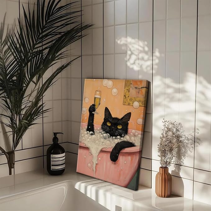 Funny Japanese Black Cat Bathroom Wall Art, Cute Japan Cat in Bathtub Wall Decor Paintings Funky Animal on Toilet Reading Newspaper Poster Canvas Prints Artwork 12x16 inch Framed