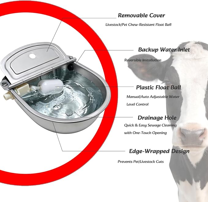 Automatic Water Bowl 304 Stainless Steel Pet Water Dispenser Dog, Feeder Waterer for Large Dogs with 40 Inch Steel Hose, 2 Float Valve, Copper Connector Adapter, 2 Bolts (with Drainage Hole)