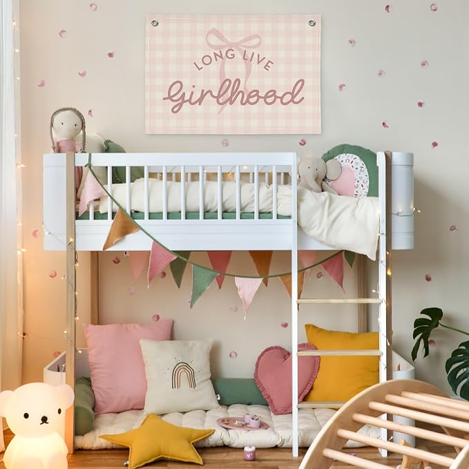Pink Cute Room Decor Long Live Girlhood Banner, Coquette Bow Girls Room Decor for Nursery Playroom Wall Hanging Linen Flag,Baby Girls Bedroom Decorations,Baby Showers Newborn Gift 30x20 girlroom
