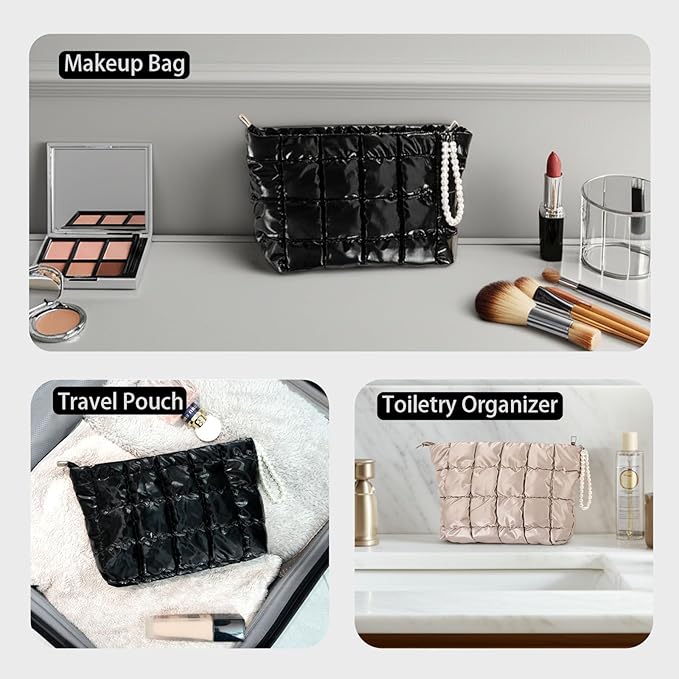 Puffer Quilted Makeup Bag Travel Cosmetic Bag Portable Puffy Checkered Toiletry Pouch Skincare Organizer Purse Pencil Case (White)