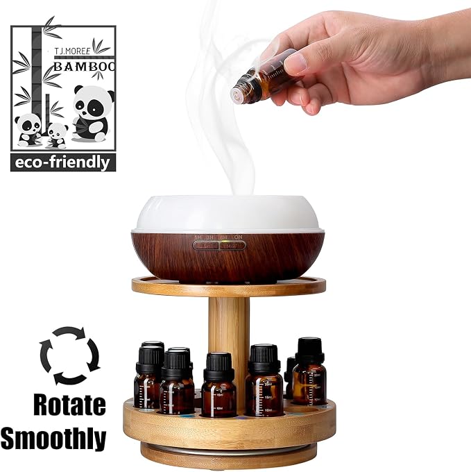 TJ.MOREE Bamboo Essential Oil Organizer 2-Tier Carousel Holder | Bamboo Material, Fits 5 ml to 30 ml Essential Oil Bottles, Suitable for Home and Office Spaces