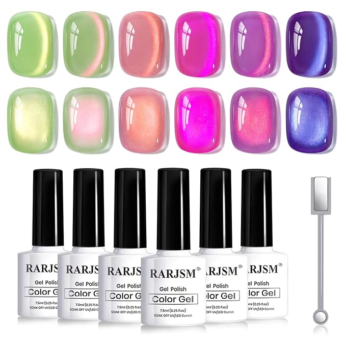 RARJSM Ceramic Glitter Fruit Cat Eye Gel Nail Polish Set 6Pcs Velvet Lime Green Berry Pink Blue Purple Fuchsia Reflective Smoothie Shimmer Glassy Cateye Gelpolish with Magnetic Stick Curing Require