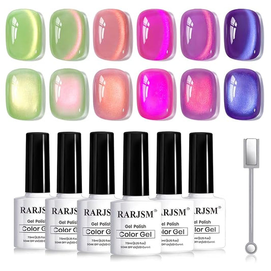 RARJSM Ceramic Glitter Fruit Cat Eye Gel Nail Polish Set 6Pcs Velvet Lime Green Berry Pink Blue Purple Fuchsia Reflective Smoothie Shimmer Glassy Cateye Gelpolish with Magnetic Stick Curing Require
