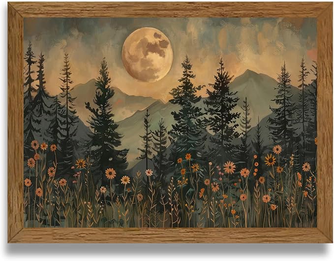 JLTULT Vintage Pine Tree Wall Art, Moonlit Wood-Framed Canvas, 12 x 16 In | Moonlit pine forest with wildflowers, fade-resistant canvas and ready-to-hang frame for bedrooms, living rooms and offices