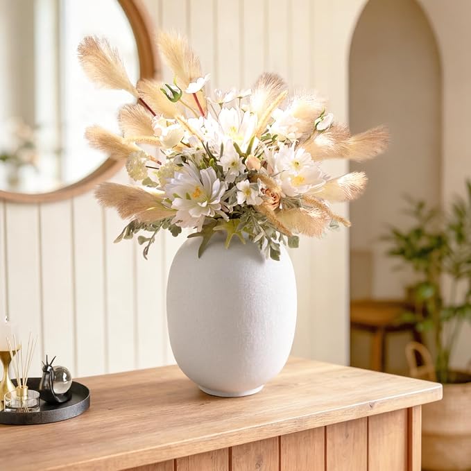 Ceramic Flower Vase Home Decor,9.8 Inch Rustic Farmhouse Vases for Flowers,Vintage Table Vase for Living Room Kitchen Bedroom Shelf Office Desk Coffee Dining Fireplace (9.8"-White)