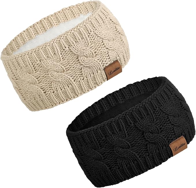 Loritta 2 Pack Headbands for Women Winter Warm Cable Knit Ear Warmer Thick Head Wrap Fuzzy Fleece Lined Gifts