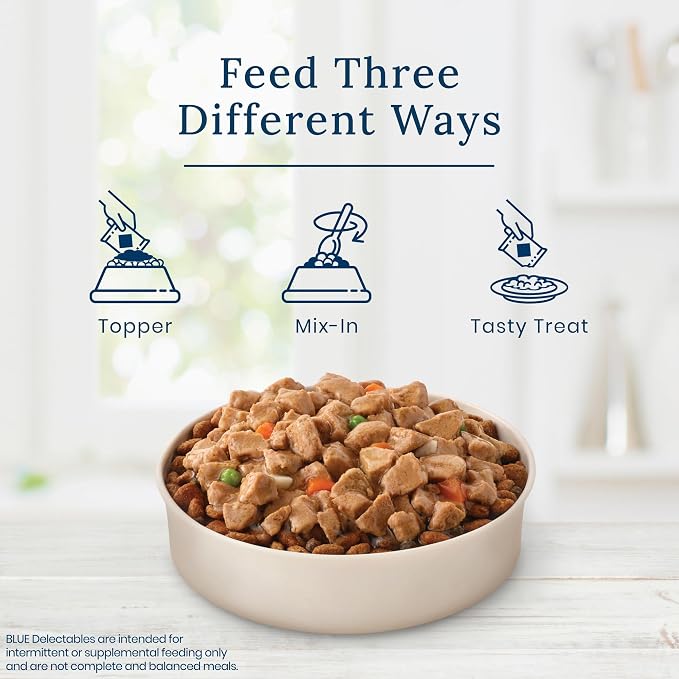 Blue Buffalo Delectables Turkey Dog Food Topper, 3 oz, 24 ct | Real Turkey with Garden Veggies in Gravy, Single-Serve Pouch, Topper or Treat