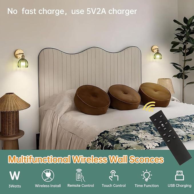 Shenmoyl Battery Operated Vintage Wall Sconces with Green Tulip Glass Lampshade Battery Powered Wall Lighting for Bedside Bedroom Doorway, Set of 2