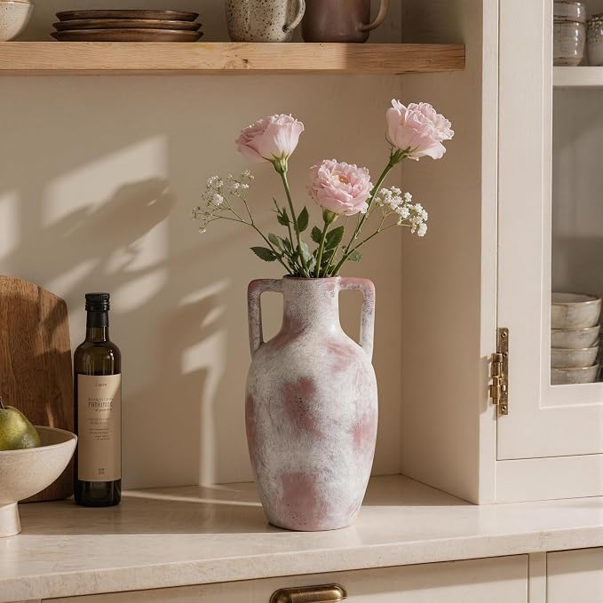 Ceramic Flower Vase with Handles, 12.8 inch Tall Farmhouse Vase Rustic Vases Decorative Pottery Vases Large Floor Vase for Home Decor Living Room Bookshelf Table Centerpiece Fireplace, Terracotta