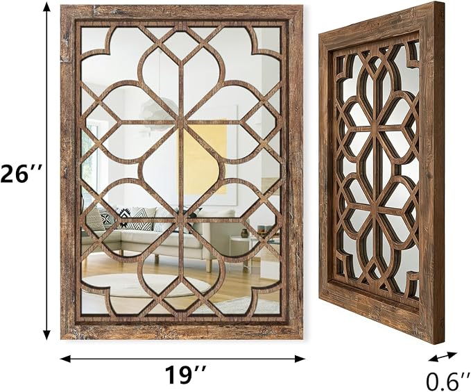 Set of 2 19x26 Inch Large Maroon Shatterproof Rectangular Wall Mirrors, Boho Rustic Farmhouse Vintage Accent Mirrors for Living Room Bedroom Entryway Dining Room & Home Decor